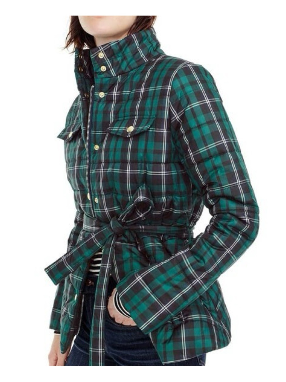 J. crew Green Tartan Plaid Belted Puffer Jacket Coat Women's size large
